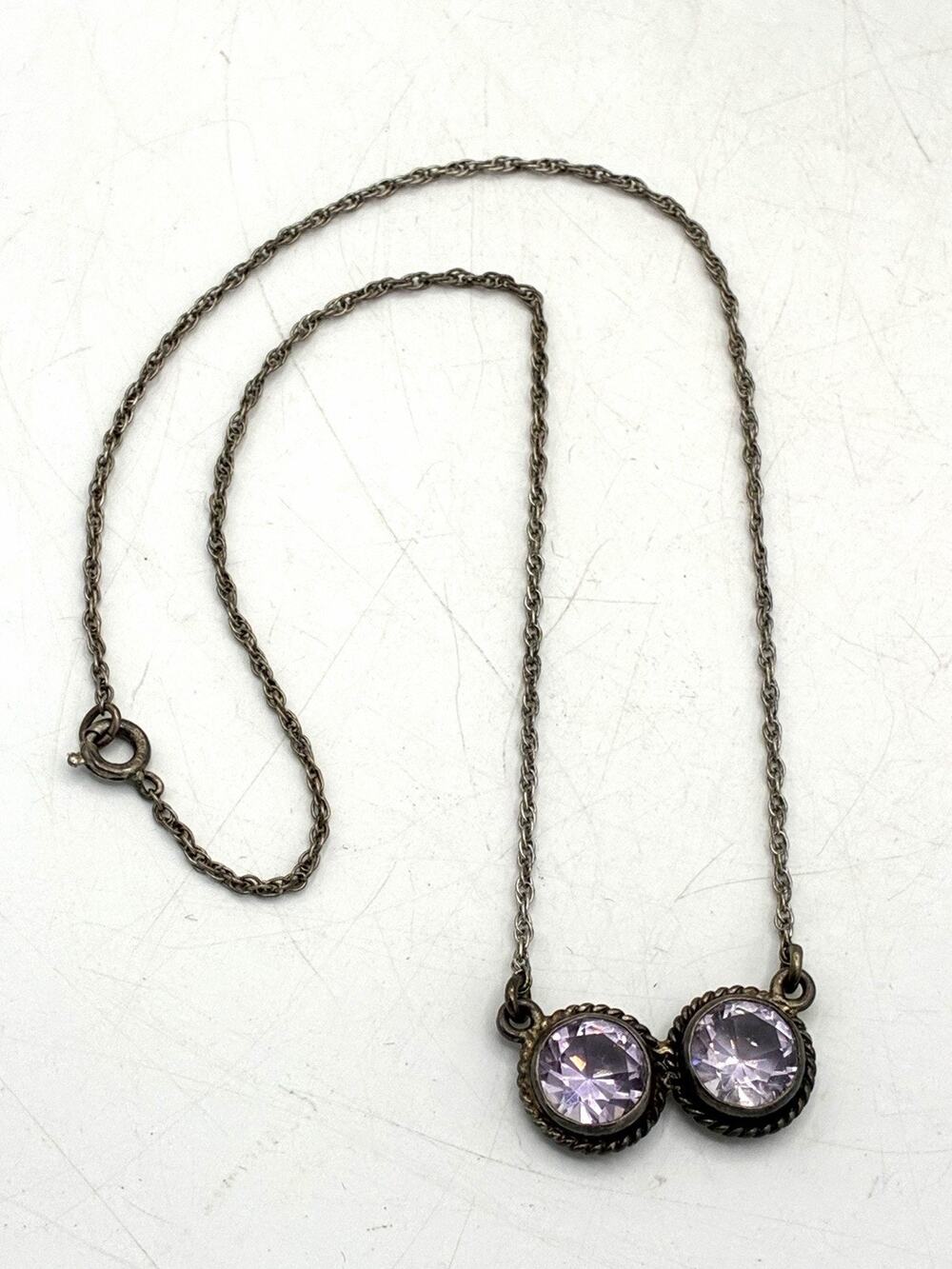 Vintage Sterling Silver Double Lavender Stone Bezel Necklace Rope Chain 18”